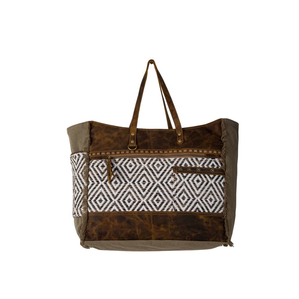 Myra Bag Sand Weaver Weekender Bag Leather Canvas - NWT
